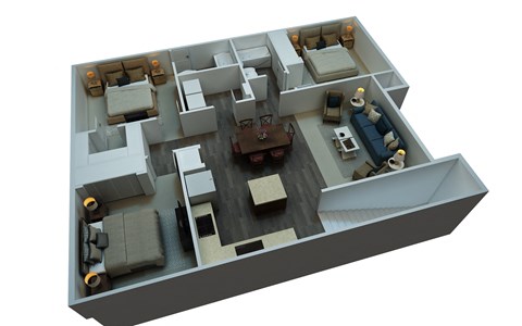 Floor plan for 3 beds, 2 baths, 1039 sqft